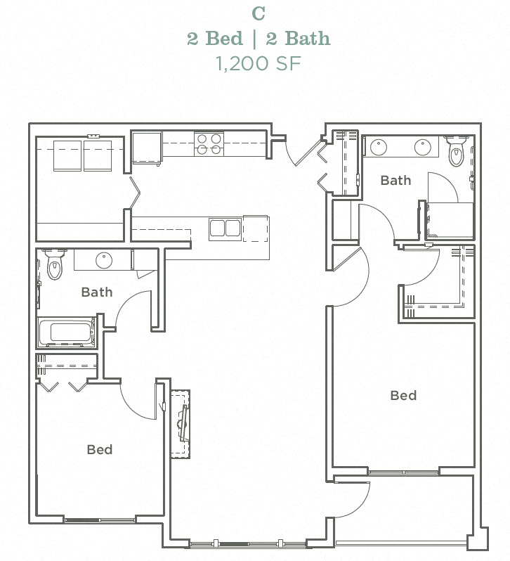 Floor plan for 2 beds, 2 baths, 1200 sqft